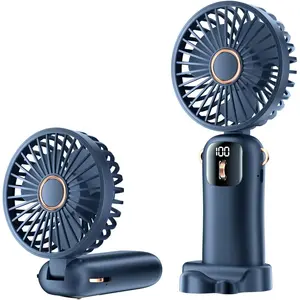 Portable Handheld Fan, Mini Handheld USB Rechargeable, 1-100 speeds free adjustment of wind speed with LED Display Lanyard and Base, for Bedroom Office Outdoor Home Camping School (Dark Blue)