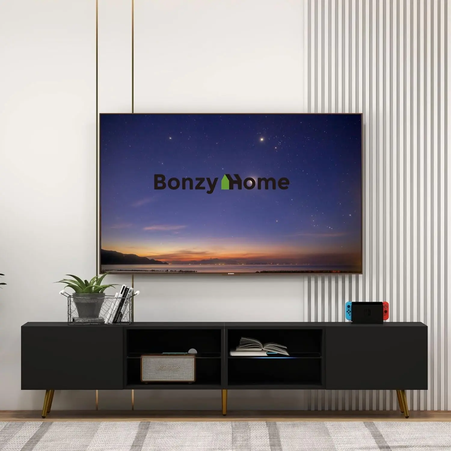 EBELLO 86" LED TV Stand, Modern Entertainment Center up to 75" 80" 85" TV, Television Console Table with Storage Cabinets for Living Room, Black Tv Shelf