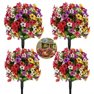 4Set 13in Artificial violet potted ball-shaped trees, equipped with ground stakes. UV-resistant artificial shrubs, realistic evergreen faux plants, perfect for indoor and outdoor porch and garden decoration. (Vase not included)
