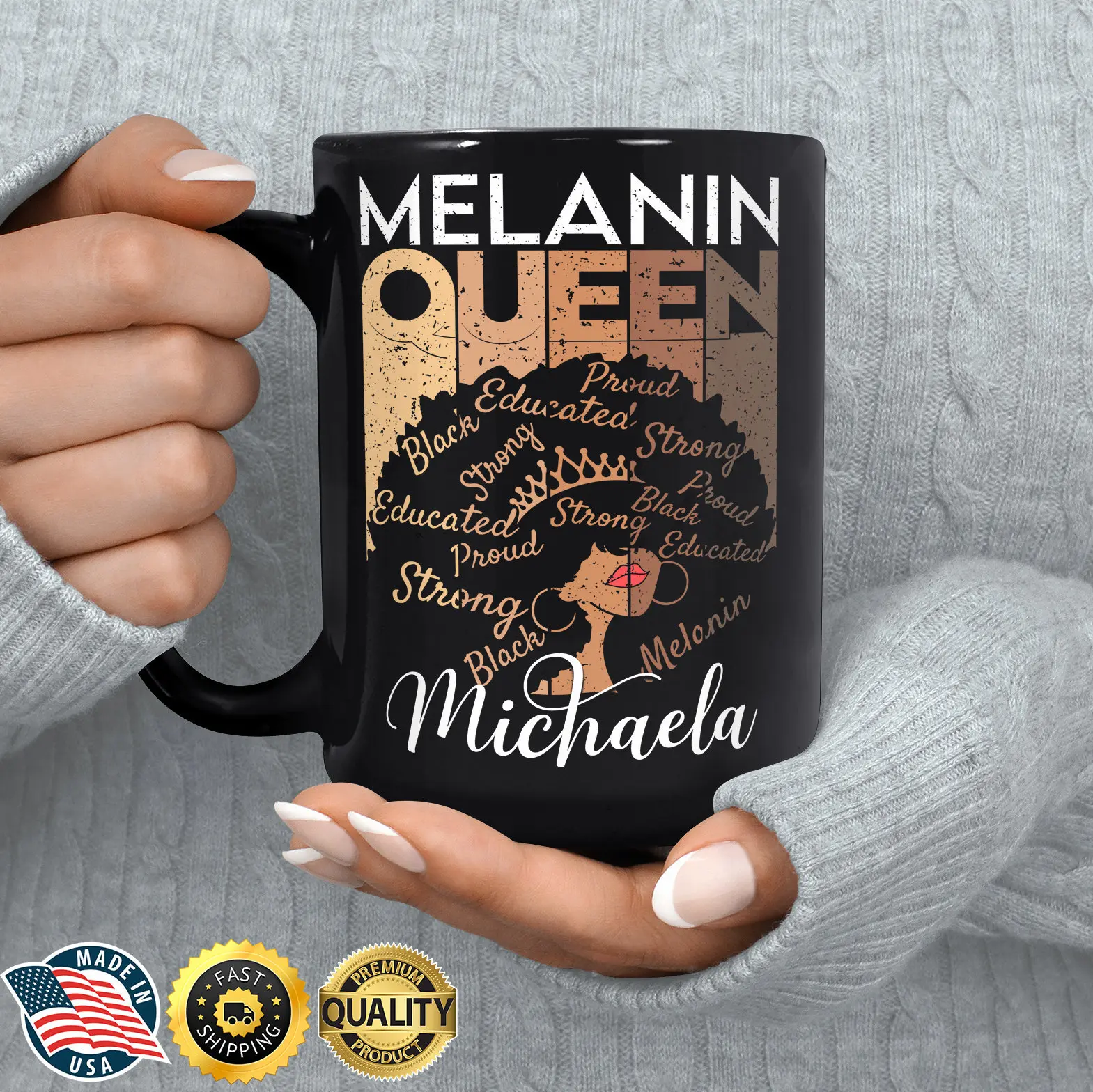 Personalized Melanin Queen Ceramic Coffee Mug - Custom Name Black Woman Drinkware Gear, Afro Girl Magic Birthday Gift Tea Cup