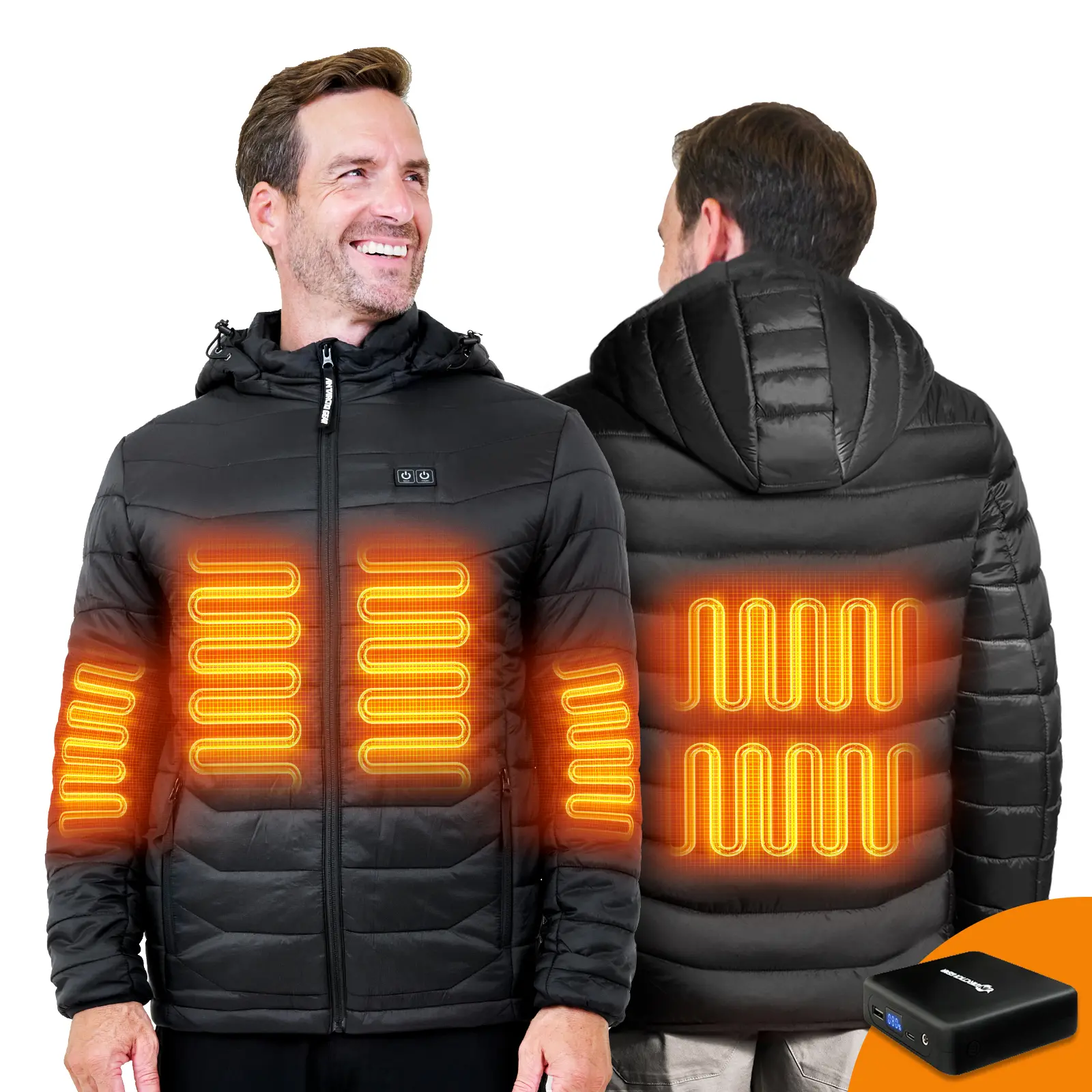 ANTARCTICA GEAR Men's Long Sleeve Heated Jacket, Lightweight Nylon Winter Coat with 6 Heating Zones, Dual Control & 12V 16000mAh Power Bank, Menswear, Tops