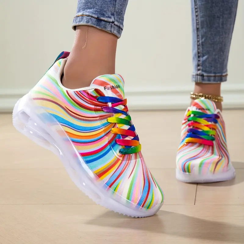 Women's Preppy Low Top Sneakers with Iridescent Accents, Comfortable Lace Up Fabric All Season Shoes with EVA Sole, Stripes, Casual Wear, Walking Shoes, Sports Shoes