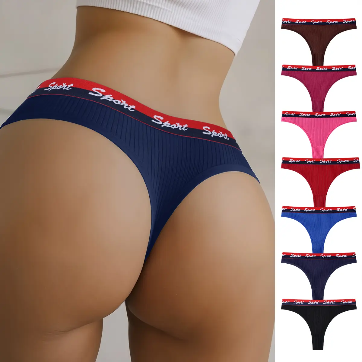 Hotcom Women's Ribbed Letter Tape Low Waist Thong Panties - 4/5/6/7Pcs Comfortable Breathable Soft Underwear for Women, Elegance Womenswear for Everyday All-Season Wear