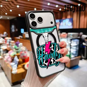 Magnetic Soft Smartphone Case for iPhone 17,16 Pro Max Plus,15,14,13,12,11 - Western Skull Bull Head Pattern, Anti-Yellowing, Shockproof, Ultra-Thin Transparent Acrylic-Silicone Cover, Supports Wireless Charging, Cellphone Handheld Devices Accessories, Ae