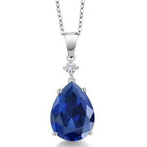 Gem Stone King 10.30 Cttw Blue Simulated Sapphire and White Moissanite Pendant Necklace For Women In 925 Sterling Silver | Pear Shape 16X12MM | With 18 Inch Chain