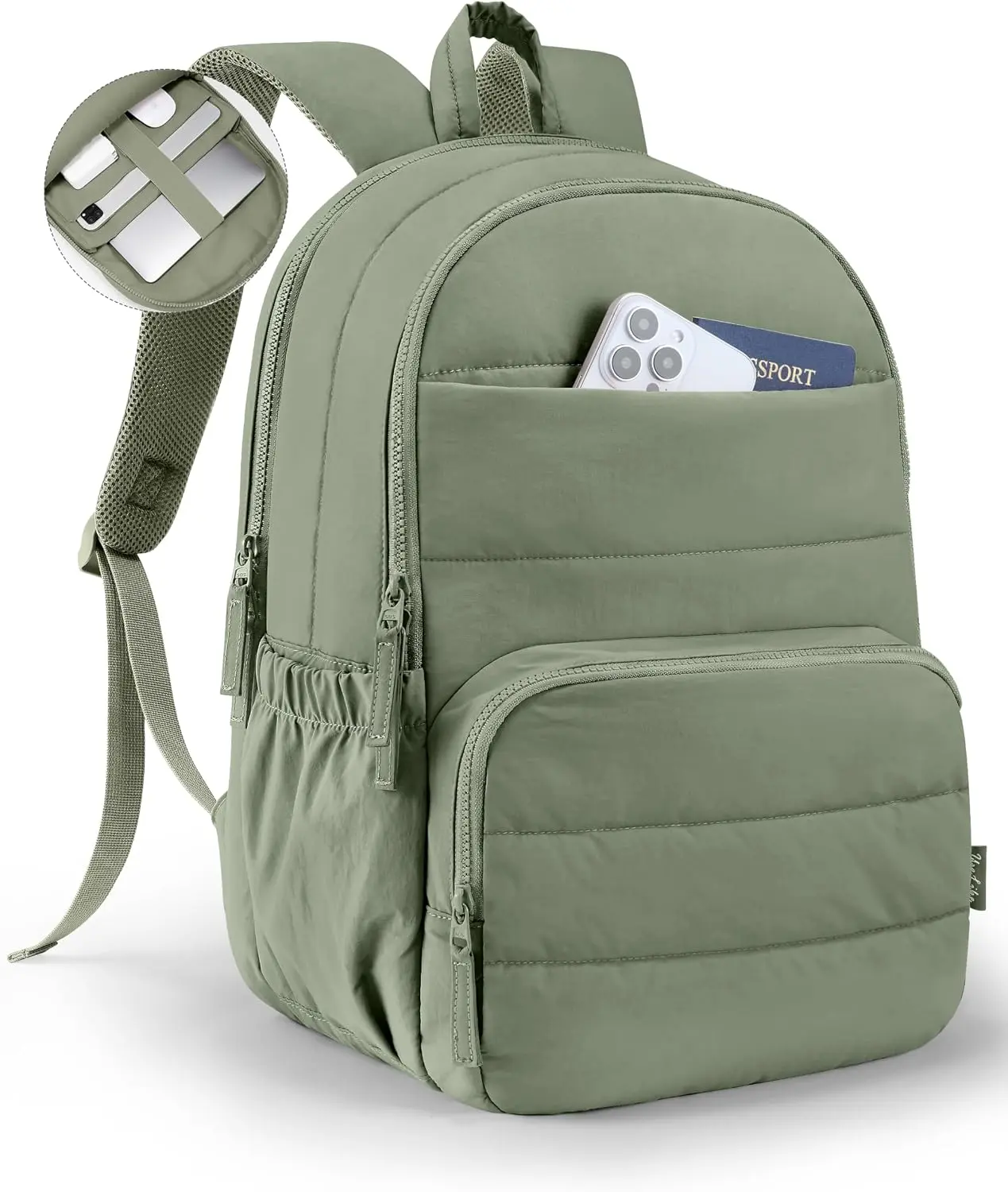 Uselike Travel Backpack for Women, 15.6 Inch Laptop Backpack, Quilted College Bookbag, Cute Work Backpacks, Water Resistant (Sage Green)