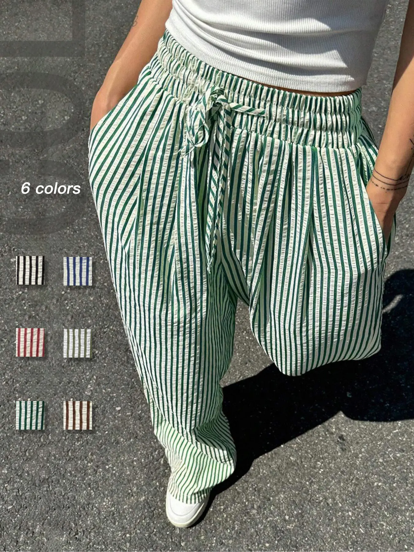 Plus Size Casual Striped Print Straight-Leg Pants, Elegant Fashion Trousers for Daily Outdoor Wear, Women's Plus Clothing for Summer Womenswear, Bottom, Casual Fashion Bottoms, Casual Style Bottoms
