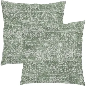 Sage Green Boho Aesthetic Throw Pillow Decorative Square Shape Bohemian Carpet Pattern Ethnic Pillow Cases Vintage Geographic Rug Cushion Covers Farmhouse Home Decor For Sofa Couch Outdoor Set of 2