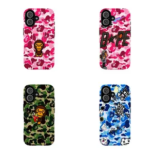 Anime bape Camouflage & Street Monkey Collage Phone Case — 2-in-1 Dual-Pattern Design with Protective Film Layer. Compatible with iPhone 12, 13, 14, 15, 16, 17 Series. Features a Glossy Finish, Drop Protection, and Fade-Resistant Durability.