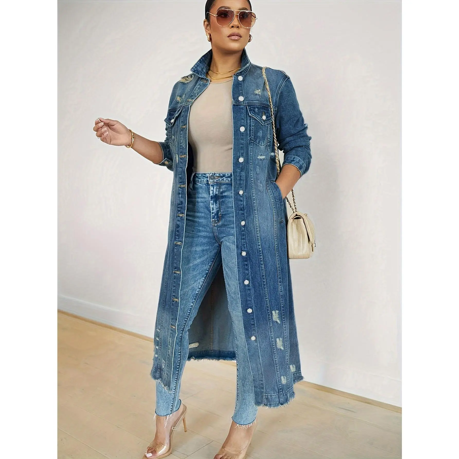 Women's Oversized Denim Coats, Casual Longline Buttoned Outerwear with Long Sleeves, Fashion Layering Tops, Denim Jean Jacket, Lightweight Casual Coats, Loose Fit, Collared