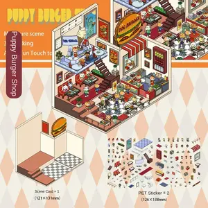 2pcs Dog Burger Shop Miniature Scene Stickers, Sticker Packs, DIY Handmade Craft Kit, Educational Puzzle Toy, Cartoon Decals for Kids