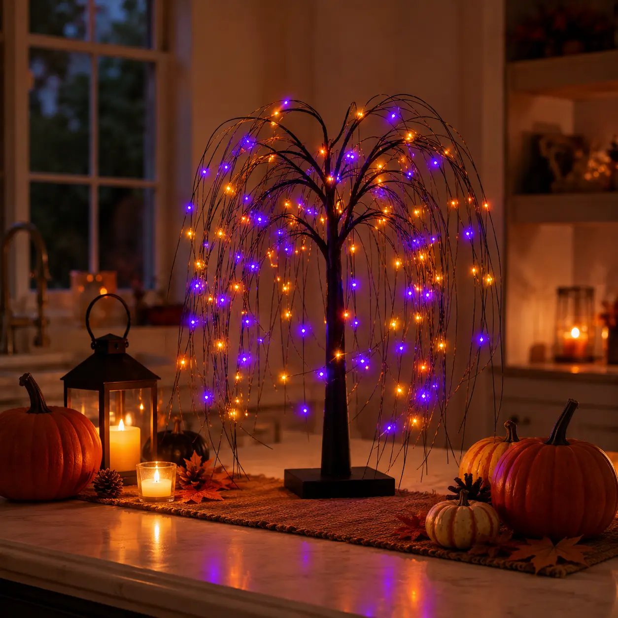 1/2 Pack 60cm Halloween Lighted Black Decor, Bright Purple Orange Dual Color LED Lights, Dual Power USB & Battery Box Powered Safe Indoor Tabletop Ornament, Fall Halloween Mantel Dining Table Centerpiece Illuminated Willow Tree for Home Room Decoration