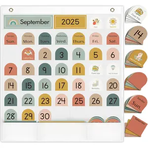 Classroom Monthly Calendar Pocket Chart for Kids Learning, 105 Cards Wall Boho Calendar and Weather, Teacher Supplies for Kindergarten Preschool Elementary Homeschool