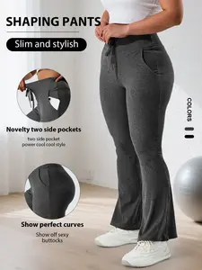 Women's Plus Size High Waist Flare Pants, Fleece Lined, Belted Waist, Side Pockets, Slim Fit, Stretchy, All Season Casual Wear