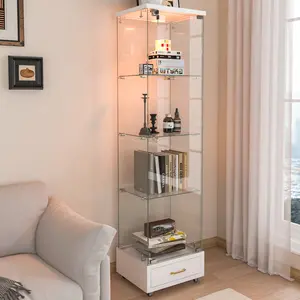 Modern Glass Display Cabinet with Drawer Quick-assembly Antique Cabinet with LED Lights Tempered Glass Bookshelf 1-Door Storage Case with 4 Shelves for Living Room and Bedroom White 14.4" W x 16.7" D x 65.8" H