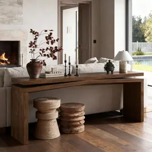65-Inch Solid Wood Veneer Console Table - Antique Rustic Brown Farmhouse Wooden Table, Natural Grain, Split Sled Base, High Weight Capacity, Rectangular Top for Entryway, Living Room | Home Decor Furniture