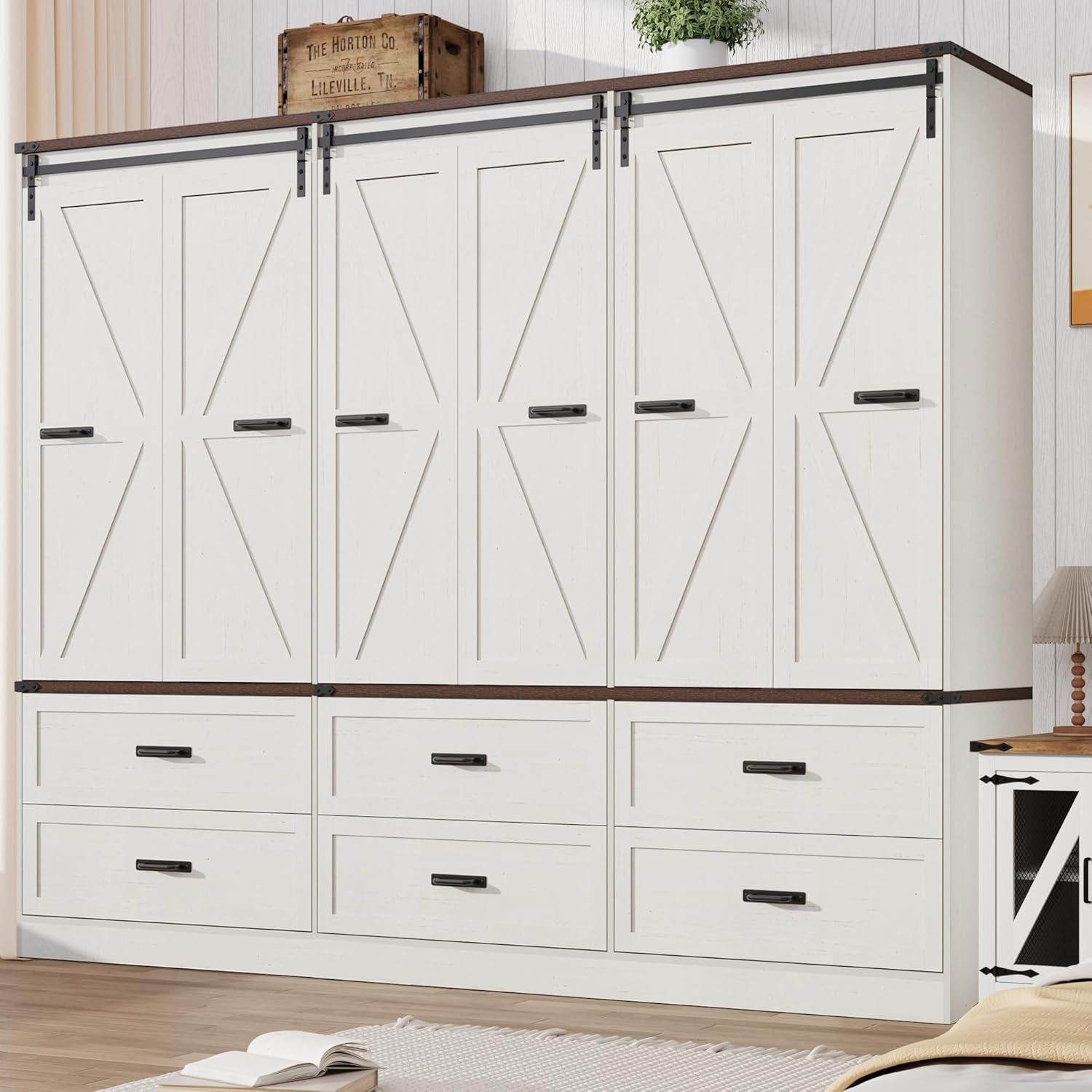 Farmhouse 6 Doors/4 Doors/3 Doors Armoire Wardrobe Closet w/Folding Sliding Barn Door and Lights, LED Armoire Closet w/Drawers for Bedroom, Freestanding Wooden Wardrobe Storage Closets w/Hanging Rod (Antique White/Rustic Brown/Black)