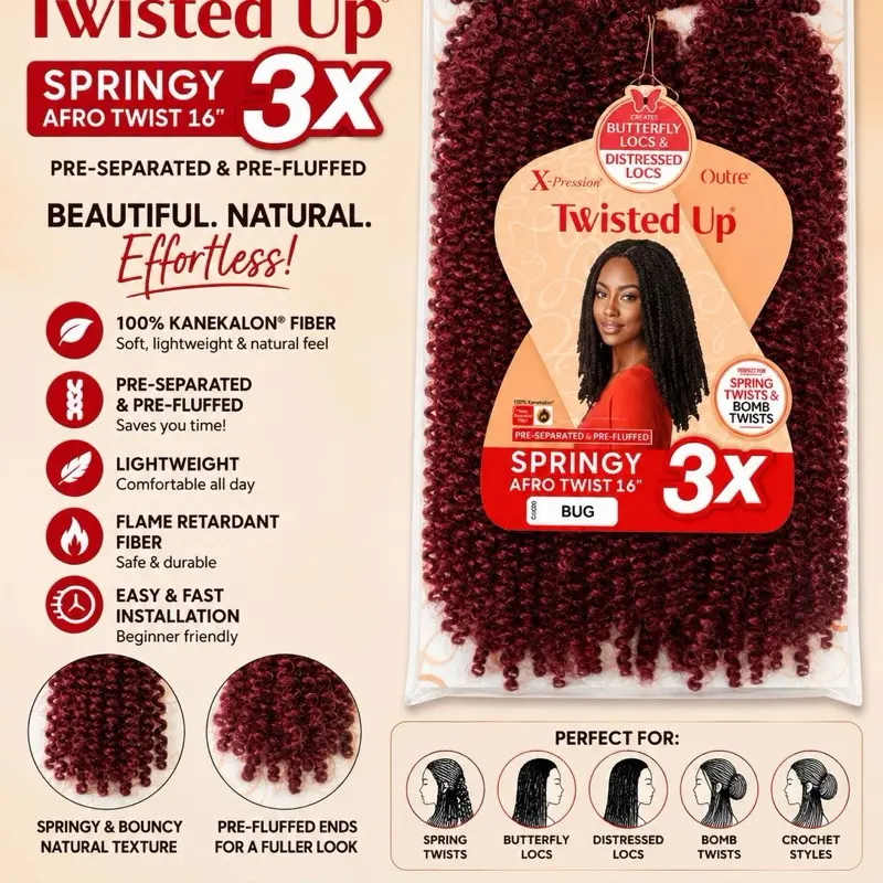 Outre X-Pression Twisted Up 3X Springy Afro Twist 16” – Pre-Separated & Pre-Fluffed Kanekalon Braiding Hair (Color 1B#)