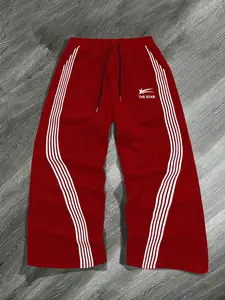 Mens white american high street sweatpants with side wavy black stripes splicing and the star theme print retro y2k streetwear elastic drawstring waist loose wide leg fit breathable comfortable versatile trendy casual sport trousers