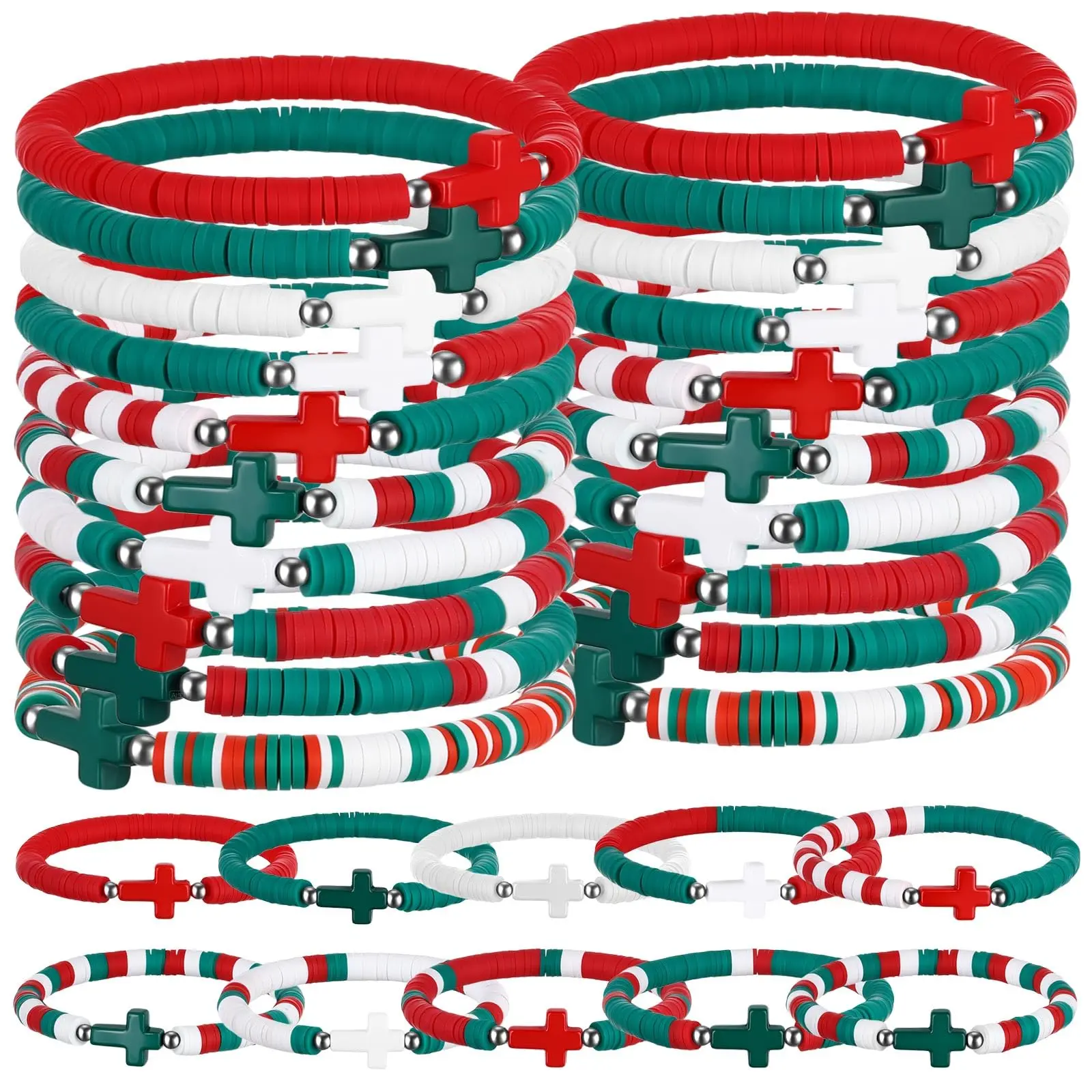 30Pcs Christmas Christian Beaded Bracelets - Religious Cross, Jesus Loves You, WWJD Clay Beads - Gifts for Women, Stocking Stuffers, Church Group & Sunday Supplies, Party Exchange Favors, Beaded Bracelet