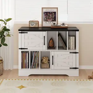 39in Large Vinyl Record Storage, Farmhouse Wood Turntable Record Player Stand with Storage Cabinet and 2 Barn Doors for Living Room Bedroom