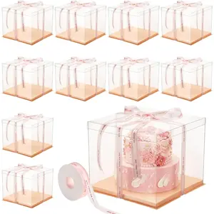 Maxdot 10 Pcs Transparent Tall Cake Boxes 12" x 12" x 10" Large Clear Cake Box with Ribbon Dessert Carrier PET Wedding Dessert Storage Container Clear Gift Box for Birthday Party Display (Pink)