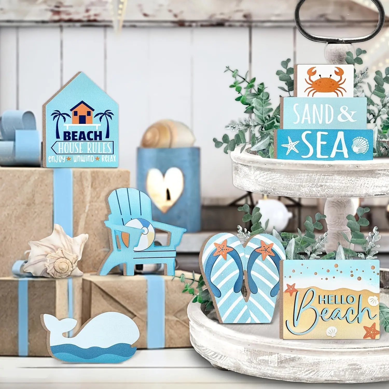 6-Piece Summer Layered Tray Set, Blue Coastal Chair Whale Crab Ocean Decor, Home Desktop Party Seasonal Decoration, Desk Signs Ornament, Nautical Handmade Wooden Style, Wooden Decor Plaque