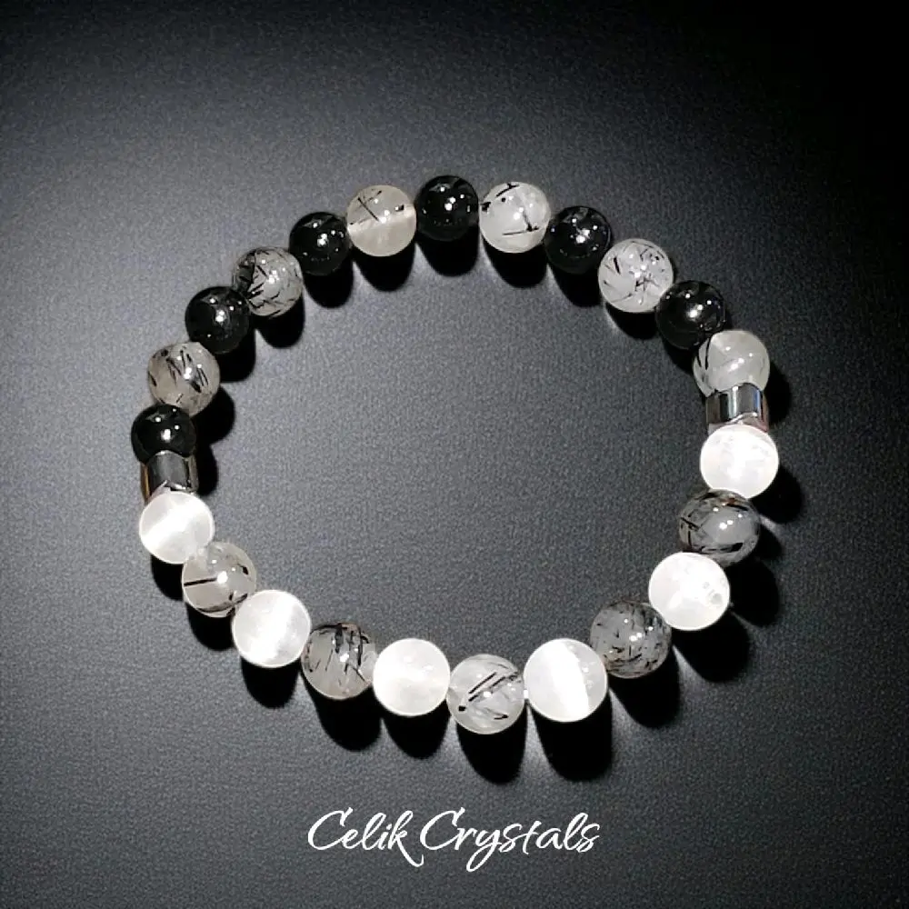 Unisex Natural Crystal Bracelet - 8mm Stretch Design, Black Tourmaline, Tourmaline Quartz, Selenite, Hematite for Balance & Grounding