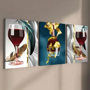 3-count wooden frame canvas, light luxury wine theme three-panel decorative poster, high-end atmosphere poster, perfect living room and bedroom decoration, fashionable family poster, artistic modern wall art
