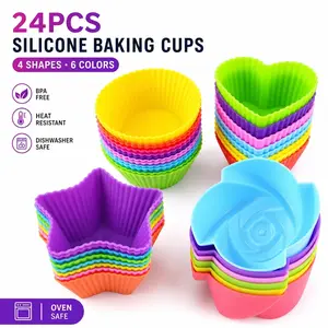 24-Piece Reusable Silicone Cupcake Liners - Greaseproof & Nonstick Muffin Baking Molds (Round, Star, Heart) for Kitchen