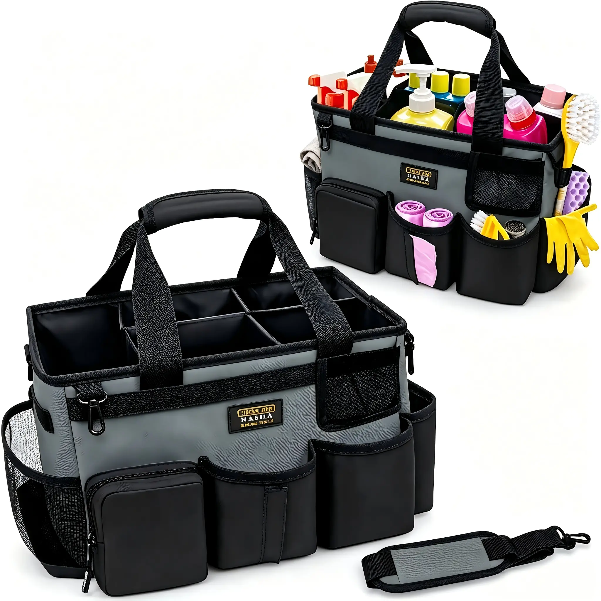 Wearable Cleaning Caddy Organizer With Handle & Shoulder Straps, Cleaning Supplies Storage Bag With 5 Foldable Dividers, For Housekeepers, Under Sink Storage And Car Cleaning Tools