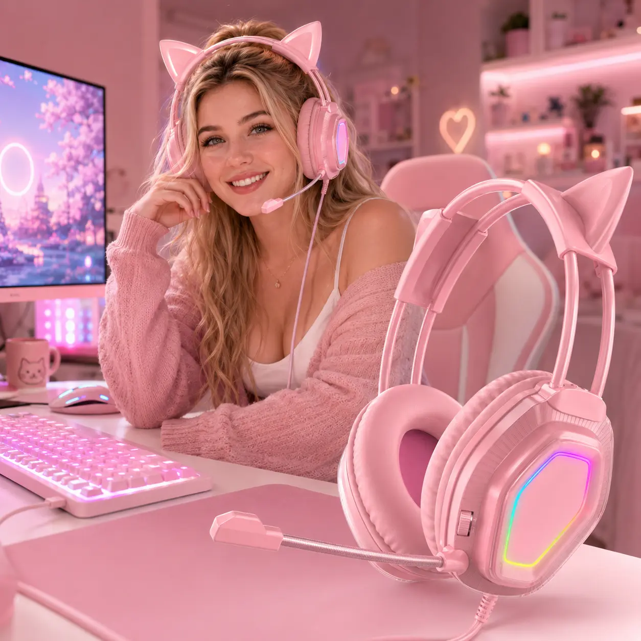 【Prime Pick】 Girls' Gaming Headset with Microphone, Lightweight Design, with 7.1 Surround Sound, Noise Cancelling Mic, Soft Earmuffs, Wired Gaming Headphones for PS, Xbox, PC, Perfect Christmas Gift for Women, Wife, or Girlfriend