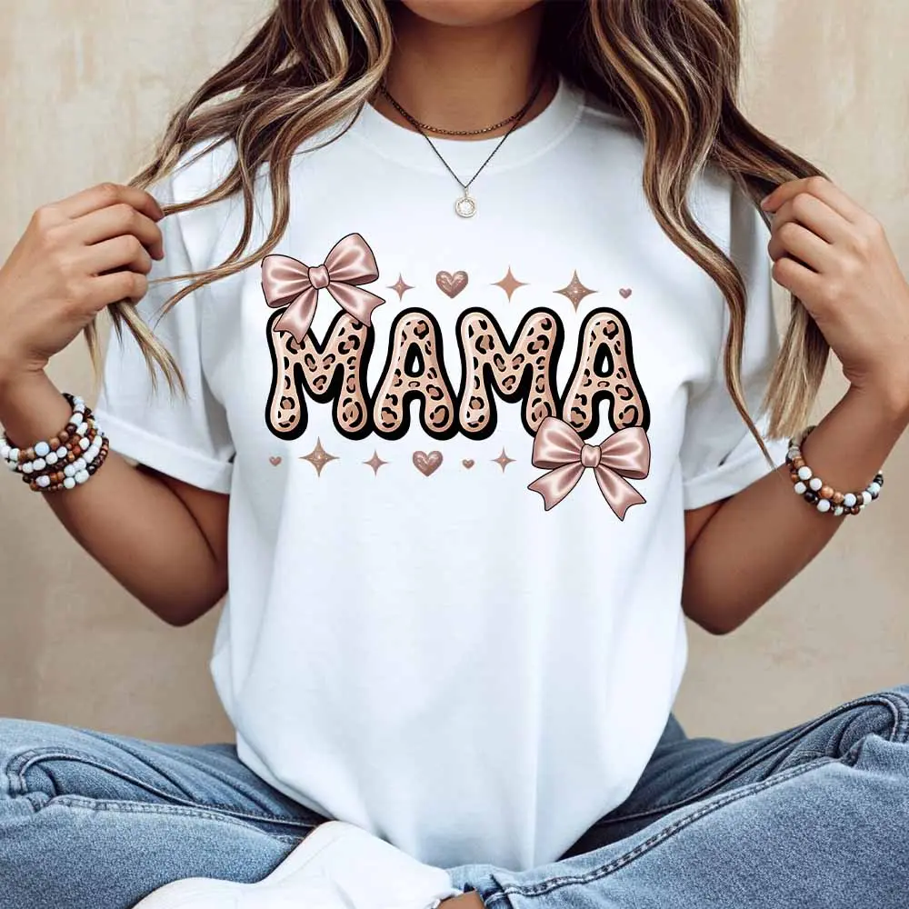 Leopard Print Mama With Bows And Hearts Graphic T Shirt White Casual Loose Fit For Everyday Wear And Light Activities