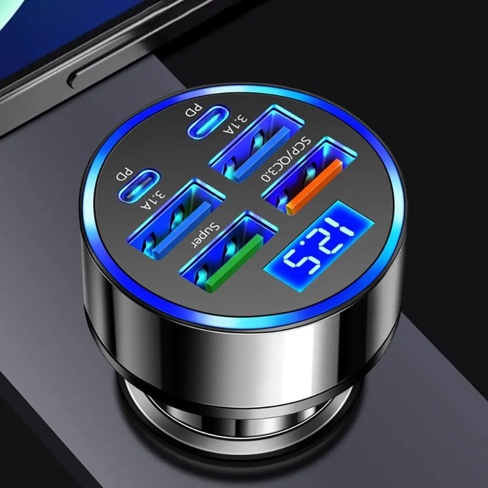 6-in-1 Multifunction Car Charger Accessory - 2PD, 3USB, QC3.0 Fast Charge Cigarette Lighter Plug Adapter with Voltage Detection, Travel-Friendly for iPhone, Android Devices