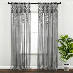 Lush Decor Boho Macrame Tassel Cotton Single Window Curtain - Sold Individually - 40"W x 84"L Hand Woven Tassels Room Divider Wall Art Neutral Colors Interior Decoration Accessories