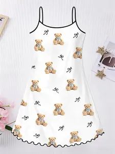 Women's Elegant Strap Sleeveless Sleepwear, Cute Bear Pattern Design, Soft Comfortable Nightgown, Casual Home Wear for All Seasons