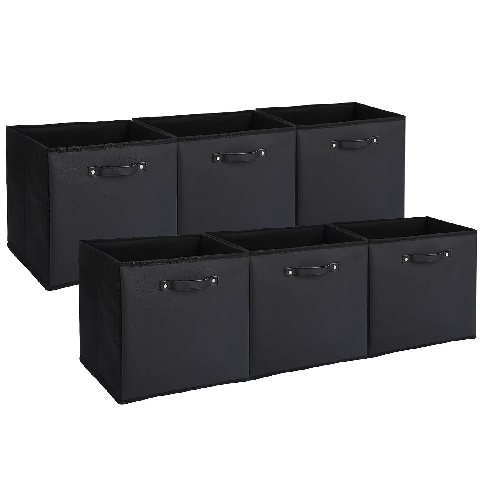 Modern 6-Pack 13in Black Fabric Storage Bins with Faux Leather Handles - Foldable Cube Organizer Boxes, Home Storage Organizer, Collapsible Expandable Folding Containers for Shelves, Closet