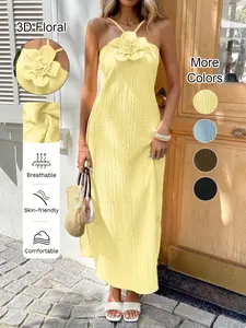 Women's 3D Floral Halter Backless Maxi Dress, Butter Summer Vacation Beachwear, Hawaiian Bohemian Style Sleeveless Long Dress