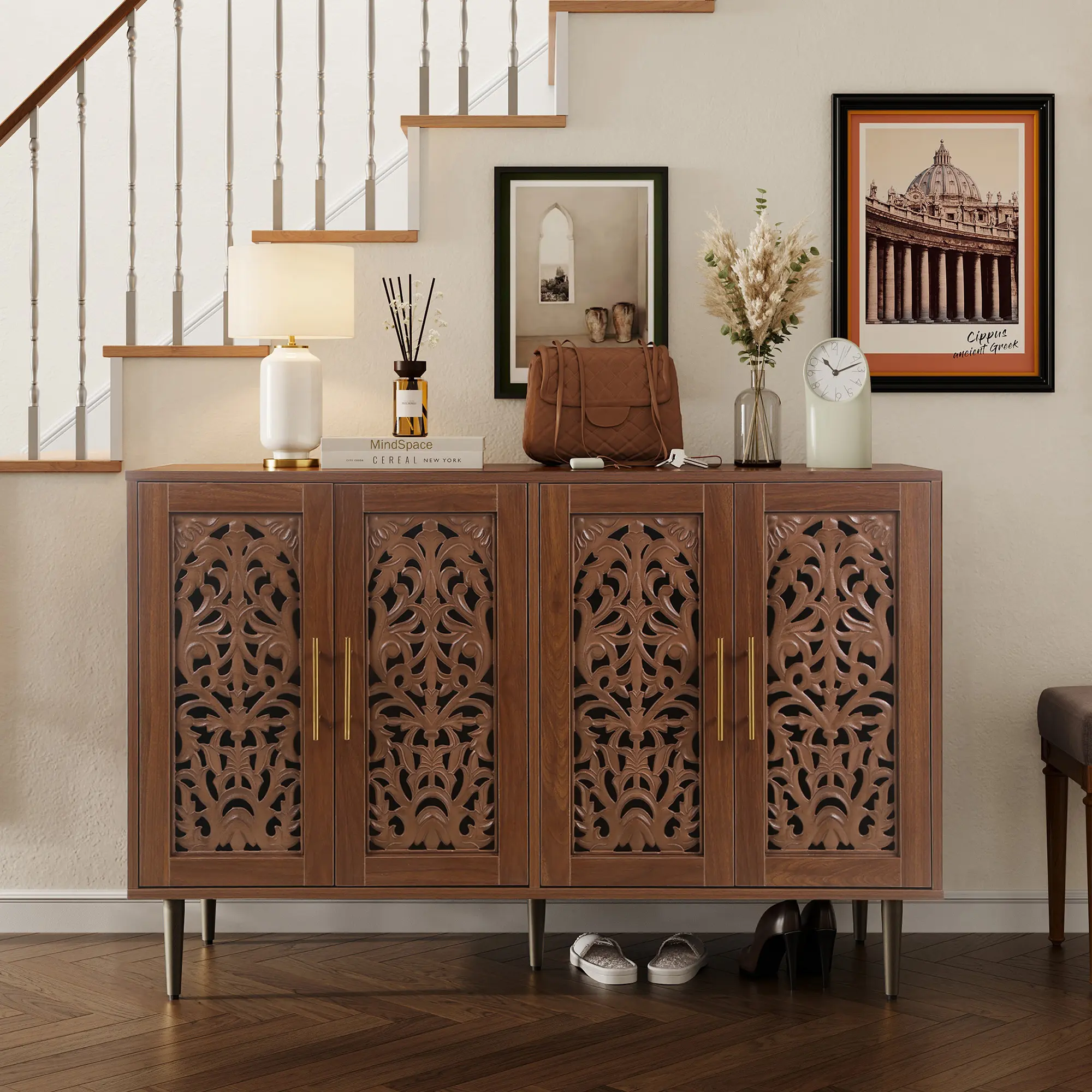 Four - Door Hollowed - Out Sideboard | Aesthetic, Bohemian, Vintage - Inspired | Ample Storage for Homeowners, Renters, Decor Aficionados | Ideal for Dining Room, Living Room, Entryway | Stylish and Space - Saving Wooden Wide Dresser with TV Stand summerw
