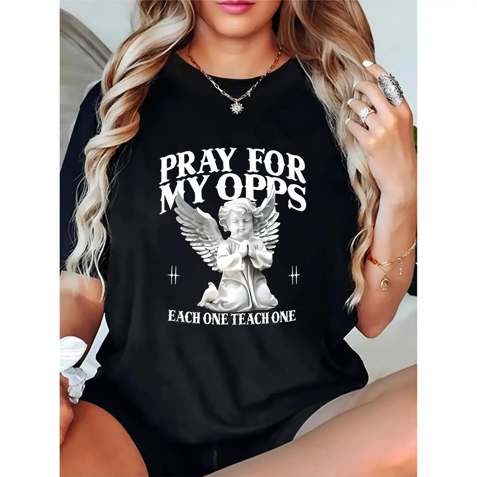 Women's Black Praying Cherub Graphic T-Shirt | Dove, Stars, 'PRAY FOR MY OPPS' 'EACH ONE TEACH ONE' – Casual Streetwear for Daily Wear