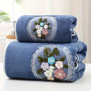 2pcs Coral Velvet Floral Embroidered Towels, 1 Hand Towel And 1 Bath Towel, Quick Drying Shower Towels with Water Absorption, Ultra Soft And Skin Friendly Bath Towels, Suitable for Home Bathrooms, Ideal Bathroom Supplies, Wash Cloths Flower