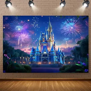 1pc 2D Flat Photography Backdrop (in,in, In) Blue Building Castle Cartoon Versatile Polyester,Without Electricity Wall Decor Applies to Entryway, Room, Parties