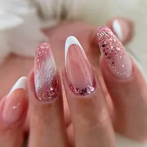 24pcs Medium Almond French Press-On Nails, Glossy Shimmer Glitter Design, Reusable Nail Art for Women & Girls, Daily Wear Party Use