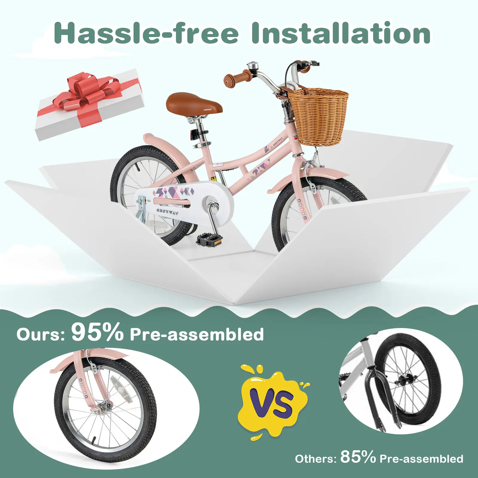 COSTWAY - 16 Inch Kids Bike Retro Bicycle with Adjustable Height and Basket for Ages 4-7 Years Old-16 inches
