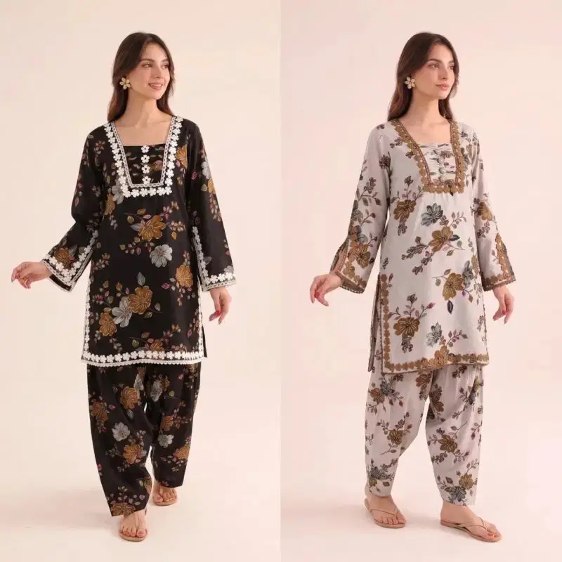 2-Piece Farshi Shalwar Reyon Outfit - Top with Foil Print Farshi Shalwa & GPO Lace Work