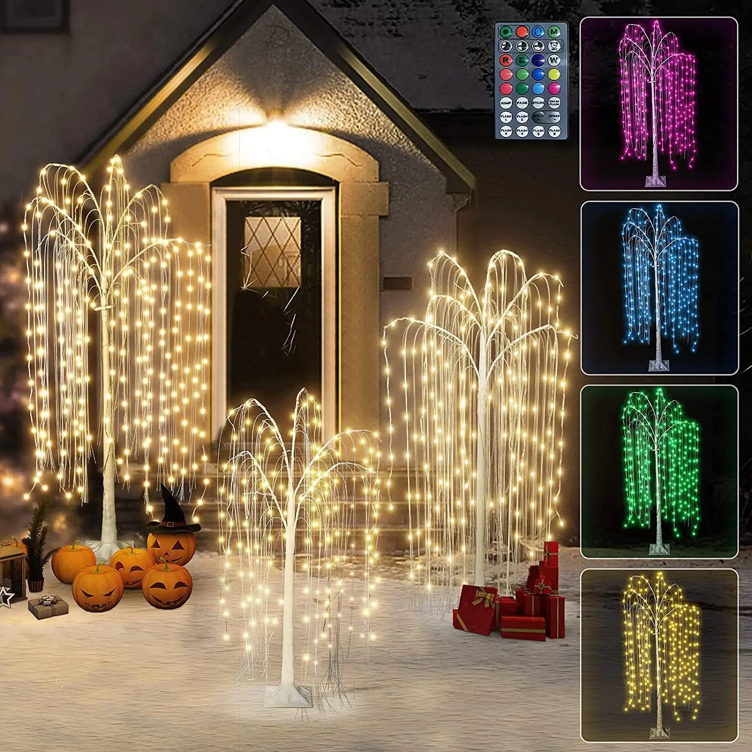 Lamerge Classic 3pcs Colorful LED Lighted Weeping Willow Tree Set, 4Ft/5Ft/6Ft 440-Light with Remote, Indoor Outdoor Home Decor Ornaments for Christmas Party Lighting Decoration