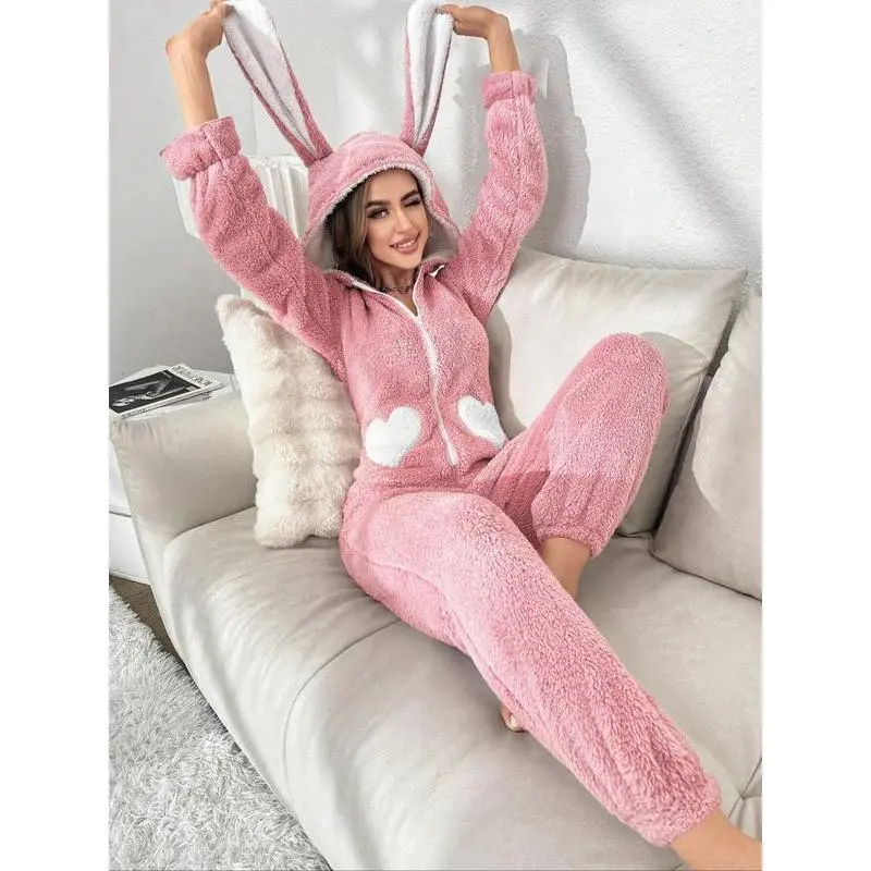 Lady's Soft Heart Pattern 3D Ear Design Hooded Loungewear Onesie, Long Sleeve Zipper Pajama Garment, Casual Fall-Winter Sports Outerwear