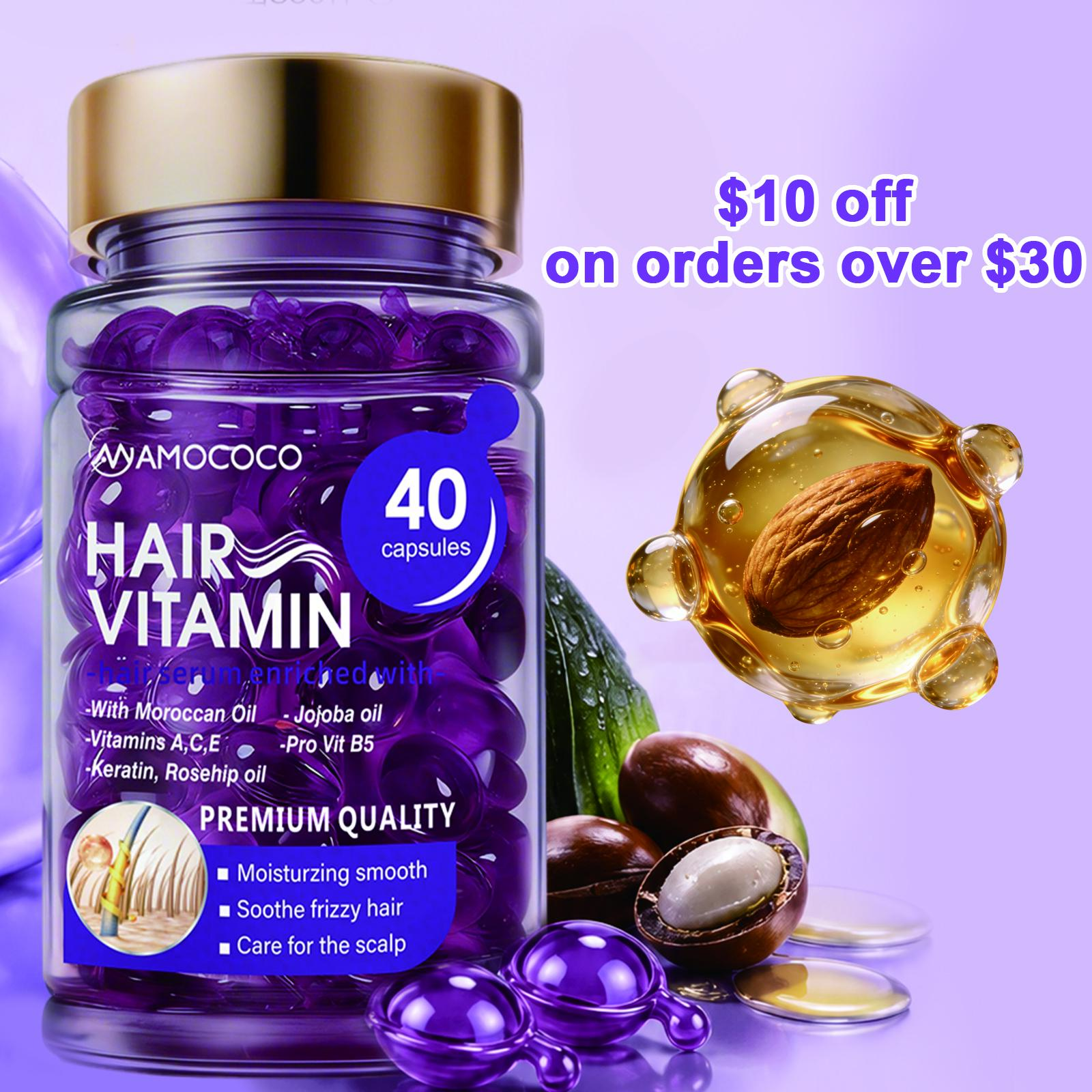 Save $10 on $30! Vitamin Hair Capsules — infused with Rosehip Oil and Argan Oil to deeply nourish your hair. No-rinse, dry/wet use. Leaves hair smooth, shiny, and resilient. Carry one daily and replenish hair anytime.