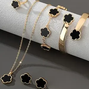 Lucky Flower Design Jewelry Set, Fashion Necklace & Ring & Bracelet & Earrings, Casual Jewelry Set for Women, Trendy All-match &Exquisite Jewelry Set for Gift