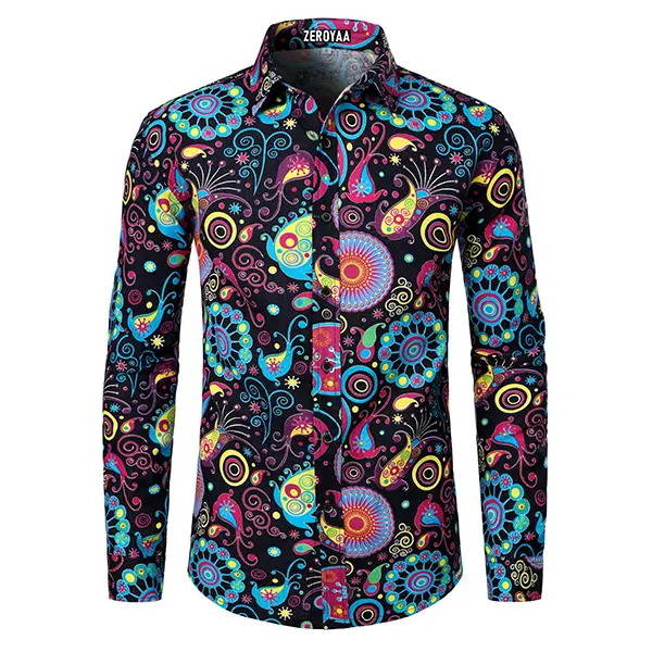 ZEROYAA Menswear Long Sleeve Button-Up Shirt for Men - 60s-70s Hippie Vintage, Multicolor Paisley Floral Ethnic Breathable Fabric, Classic Disco Occasion Tops